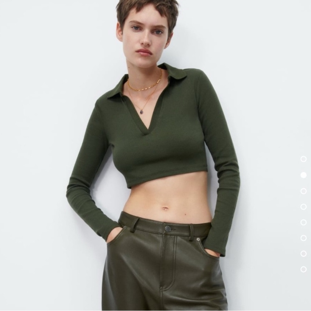 Zara green long sleeve Crop top knit collared polo Large